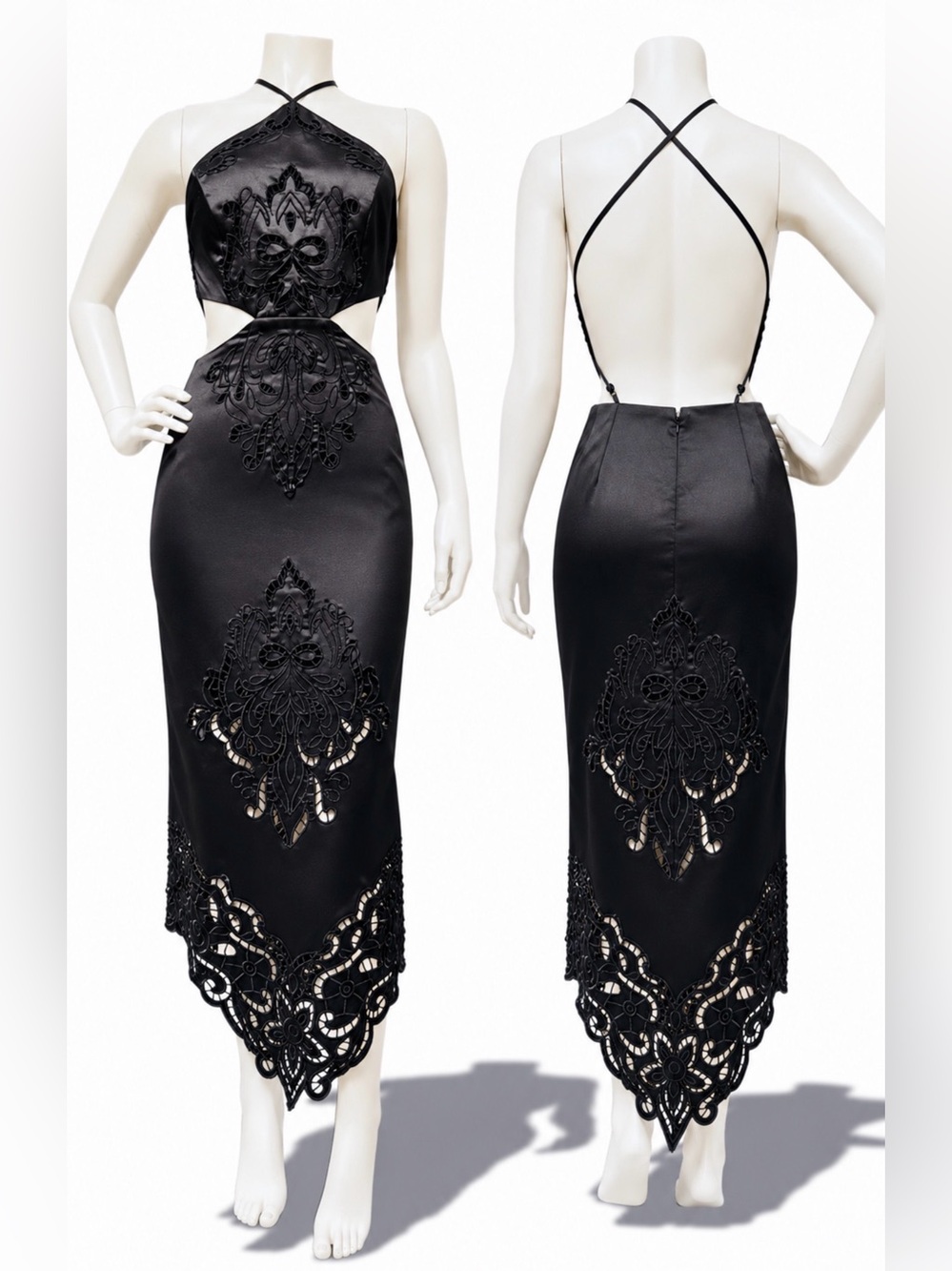 NWT ASOS Edition Black Cutwork Embroidered Satin Midi Dress Size 2